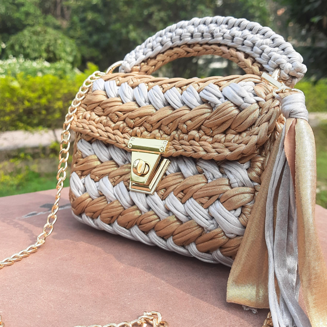 Shiroli Handmade Designer Metallic Mud Gold  & Grey Crochet Bag - Image 4