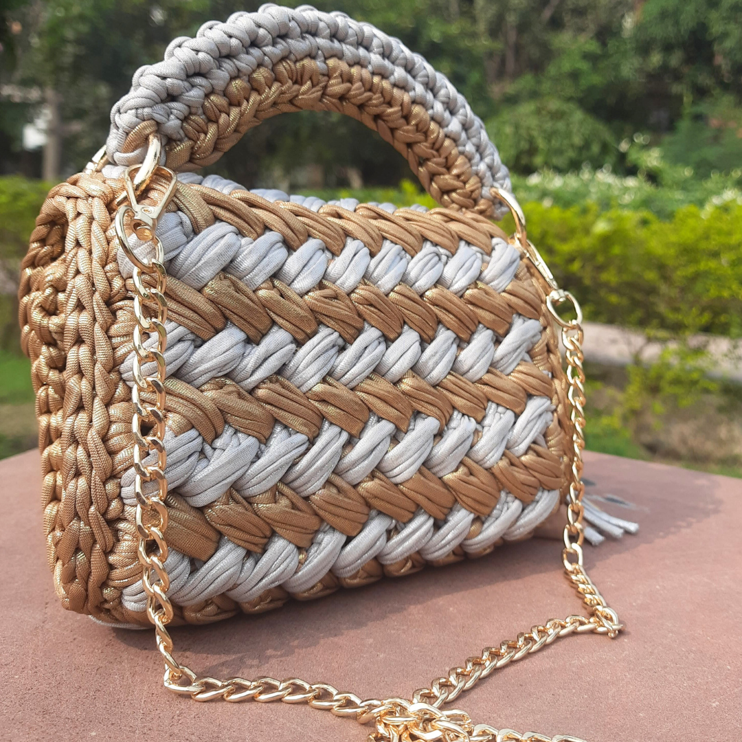 Shiroli Handmade Designer Metallic Mud Gold  & Grey Crochet Bag - Image 5