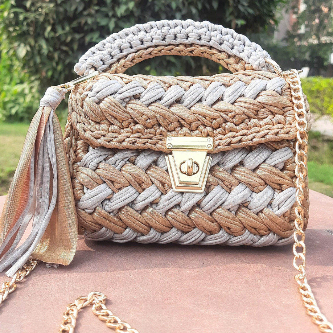 Shiroli Handmade Designer Metallic Mud Gold  & Grey Crochet Bag - Image 6
