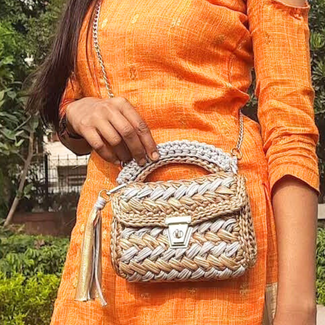 Shiroli Handmade Designer Metallic Mud Gold  & Grey Crochet Bag - Image 7