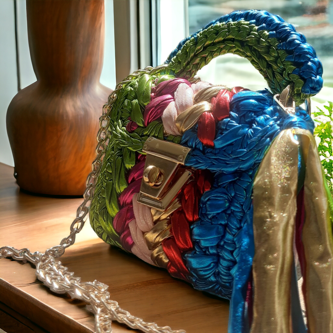 Shiroli Handmade Designer Metallic Particolored Mini Crochet Bag - Image 3