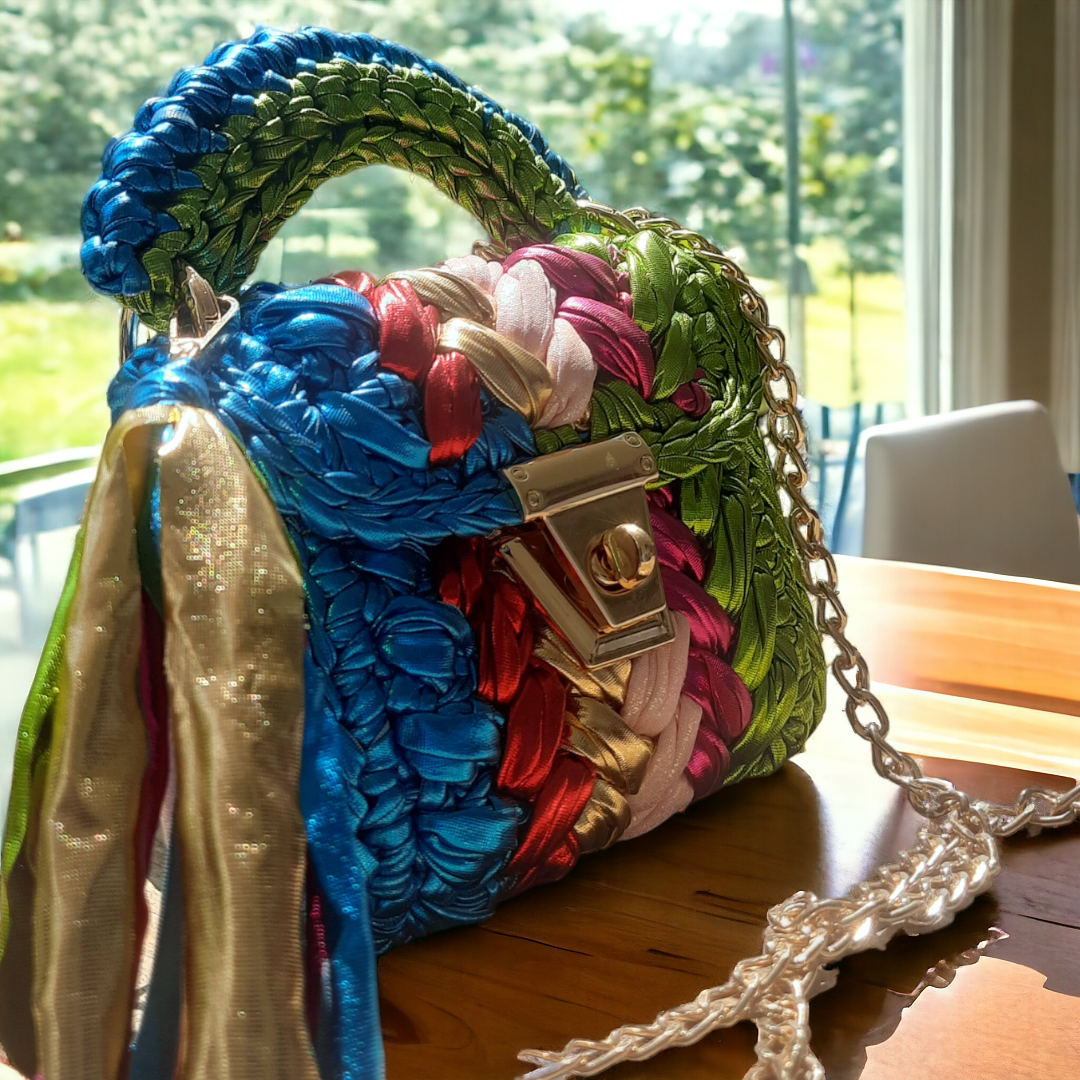 Shiroli Handmade Designer Metallic Particolored Mini Crochet Bag - Image 5