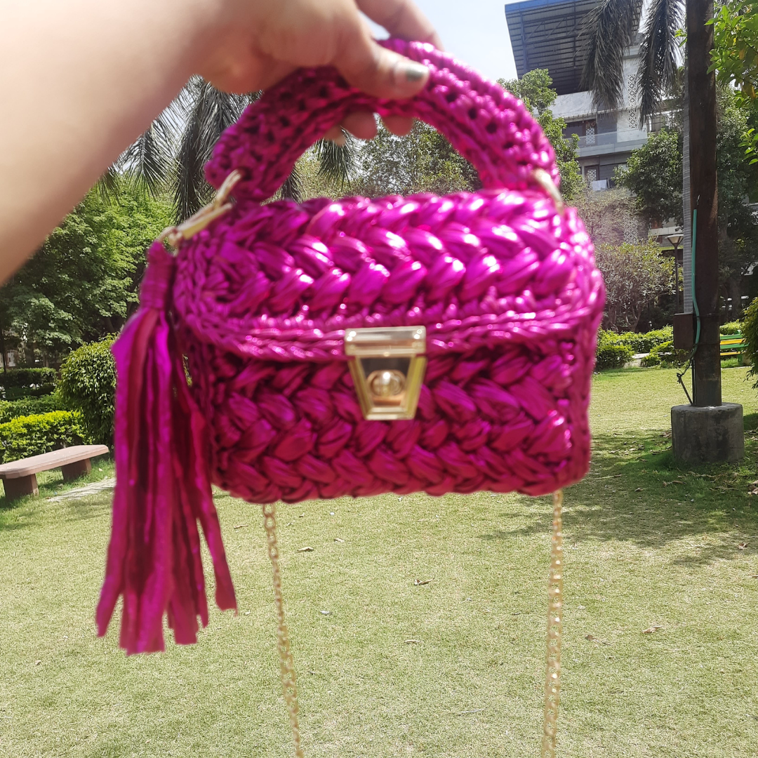 Shiroli Handmade Designer Metallic Pink Crochet HandBag - Image 2