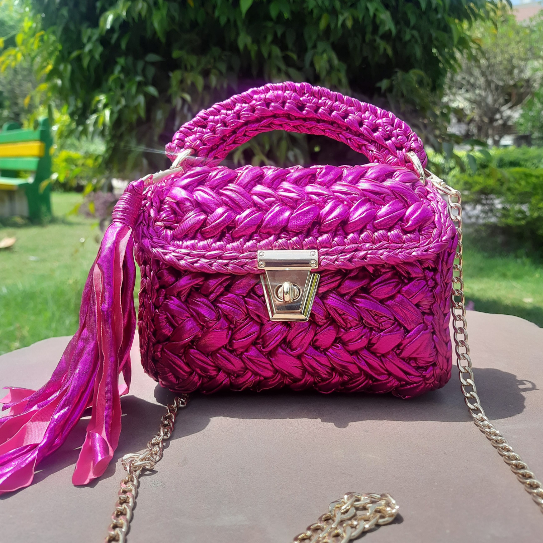 Shiroli Handmade Designer Metallic Pink Crochet HandBag - Image 1