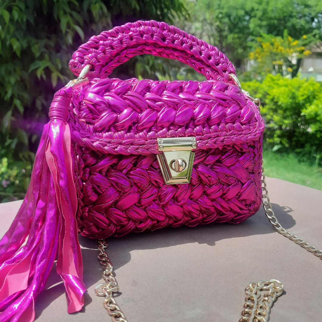 Shiroli Handmade Designer Metallic Pink Crochet HandBag - Image 6