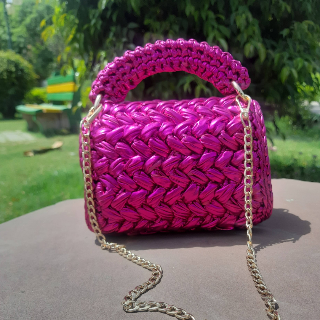 Shiroli Handmade Designer Metallic Pink Crochet HandBag - Image5