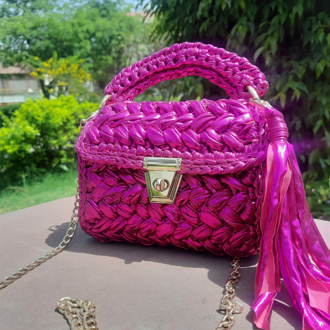 Shiroli Handmade Designer Metallic Pink Crochet HandBag - Image 7