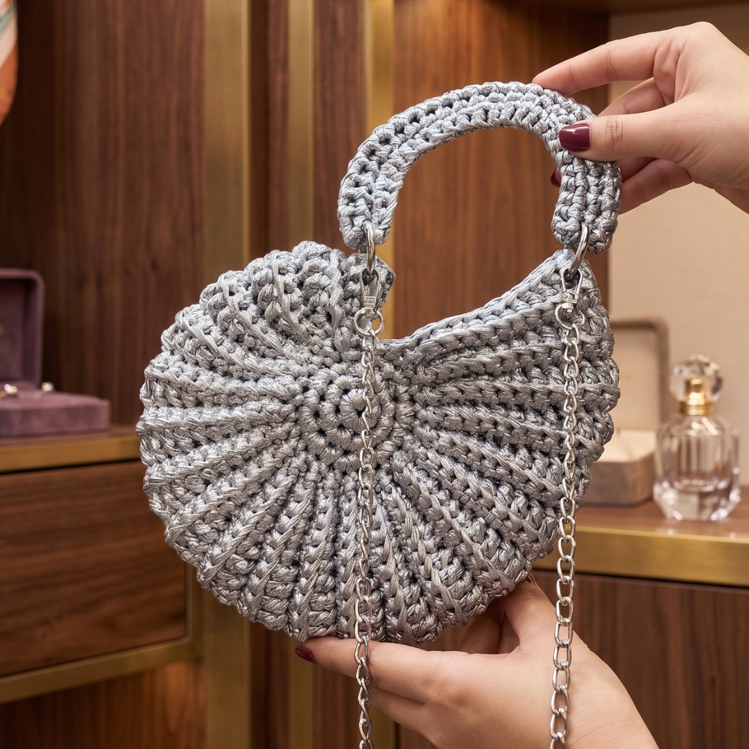 Shiroli Handmade Designer Metallic Silver - Shell crochet Bag - Image 3