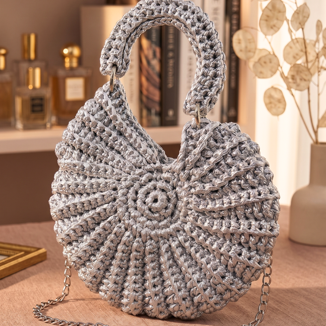 Shiroli Handmade Designer Metallic Silver - Shell crochet Bag - Image 1