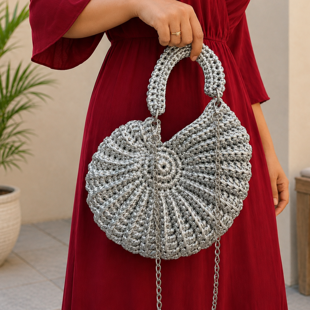 Shiroli Handmade Designer Metallic Silver - Shell crochet Bag - Image 4