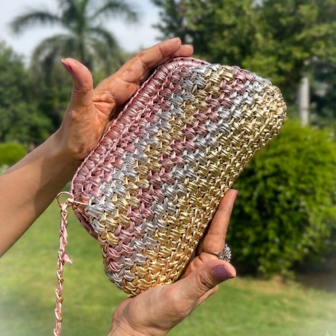 Shiroli Handmade Designer Metallic Trinity - Clutch Crochet Bag - Image 1
