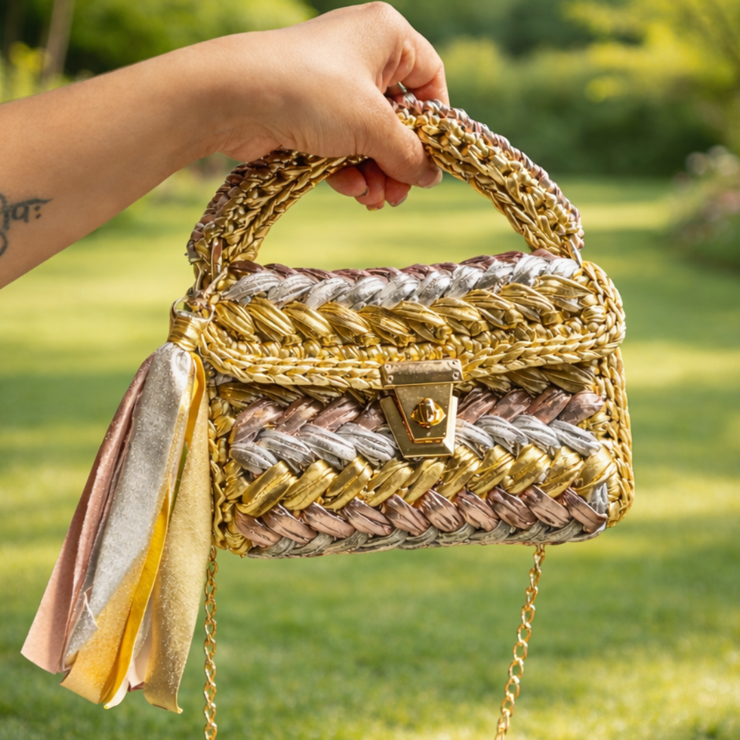 Shiroli Handmade Designer Metallic Trinity Crochet Bag - Image 1