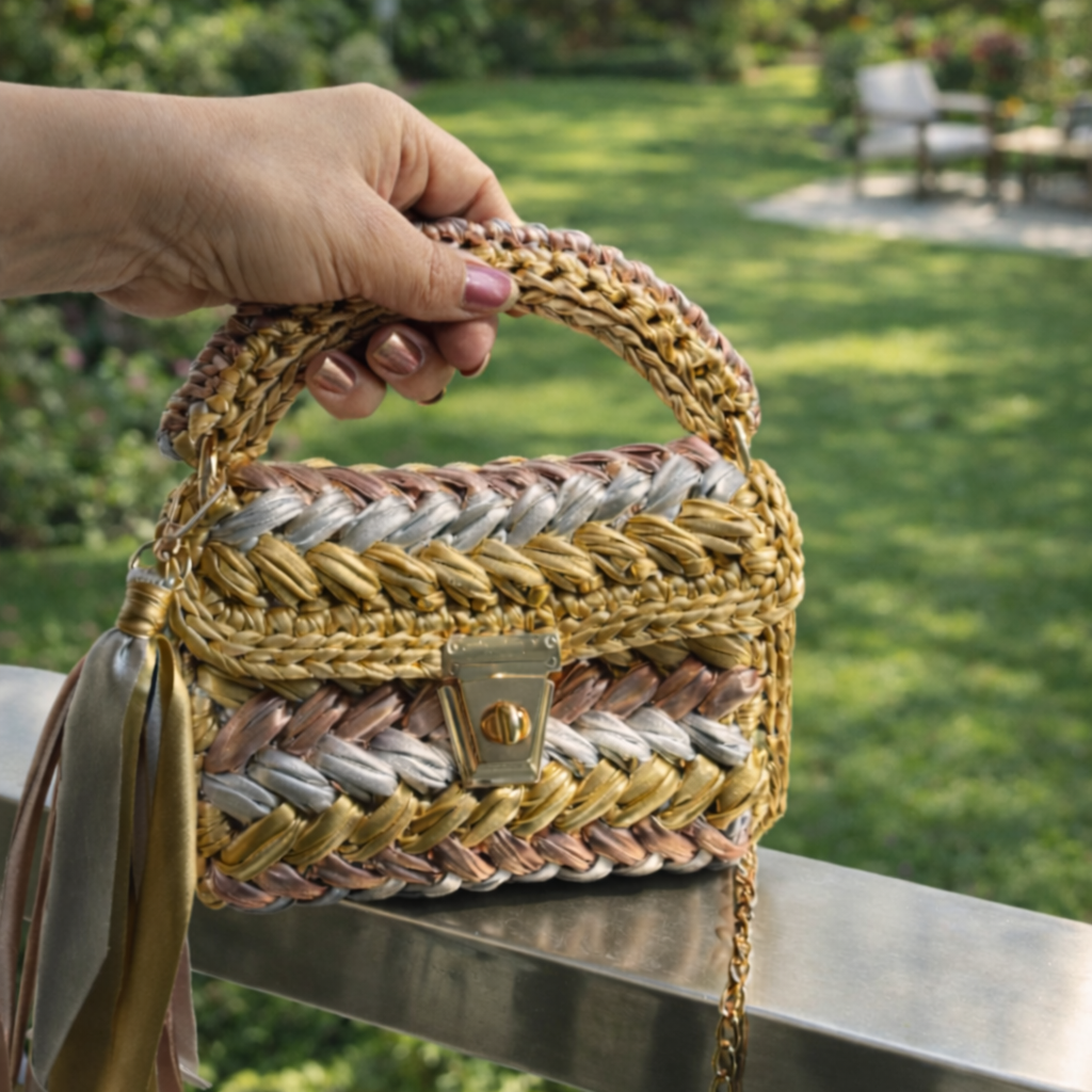 Shiroli Handmade Designer Metallic Trinity Crochet Bag - Image 4