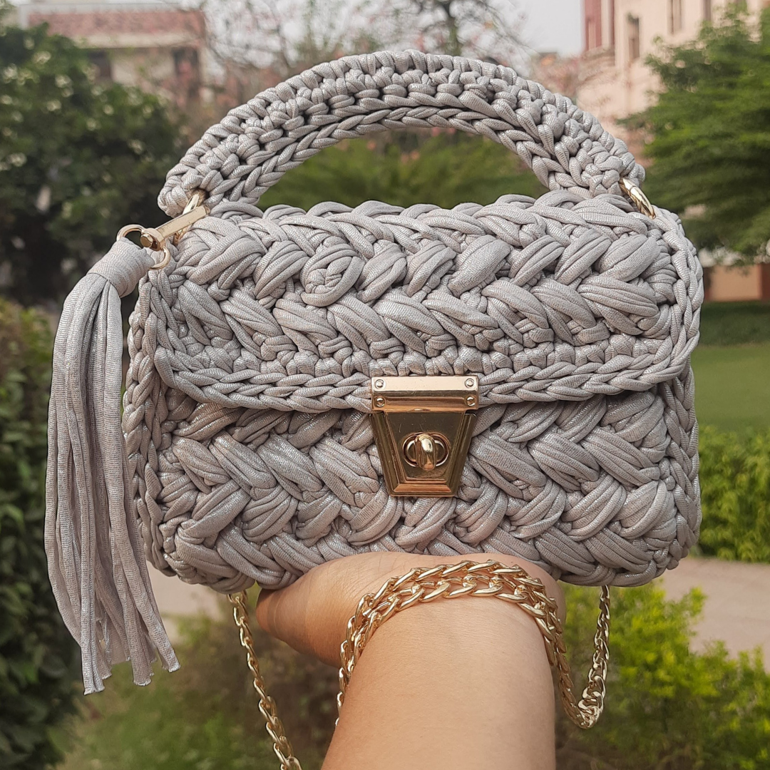 Shiroli Handmade Designer Metallica Grey Crochet Bag - Image 1