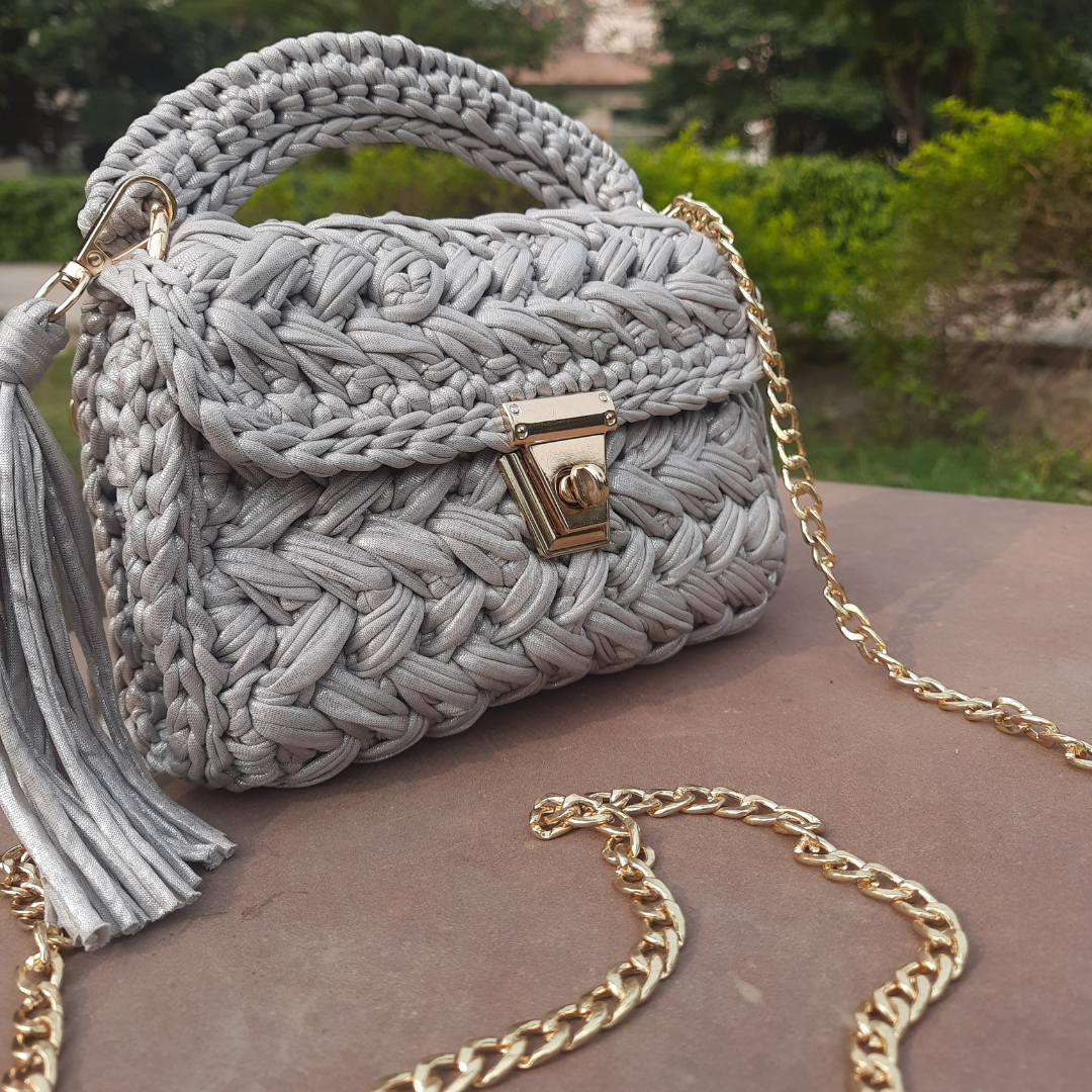 Shiroli Handmade Designer Metallica Grey Crochet Bag - Image 4
