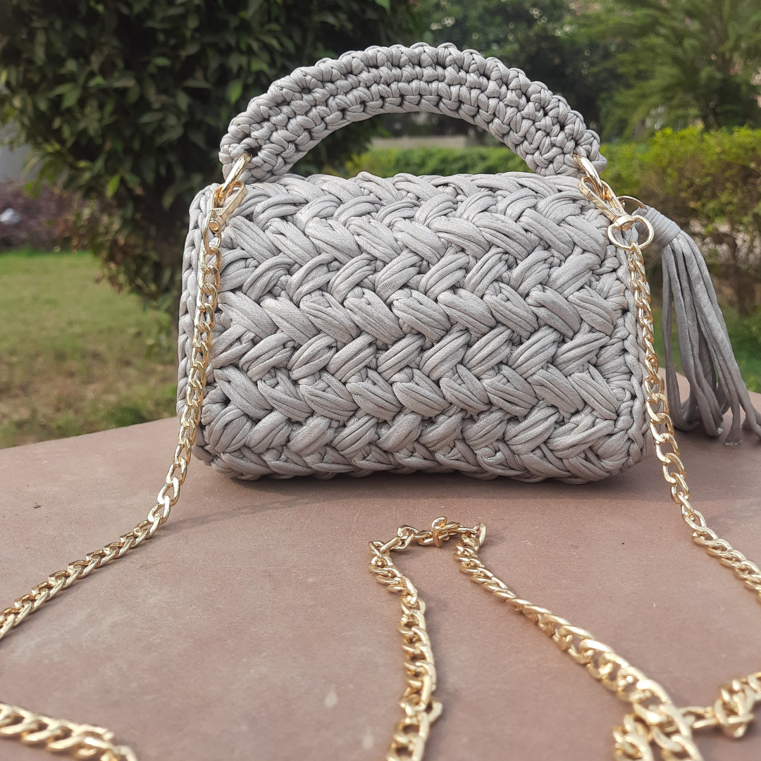 Shiroli Handmade Designer Metallica Grey Crochet Bag - Image 5