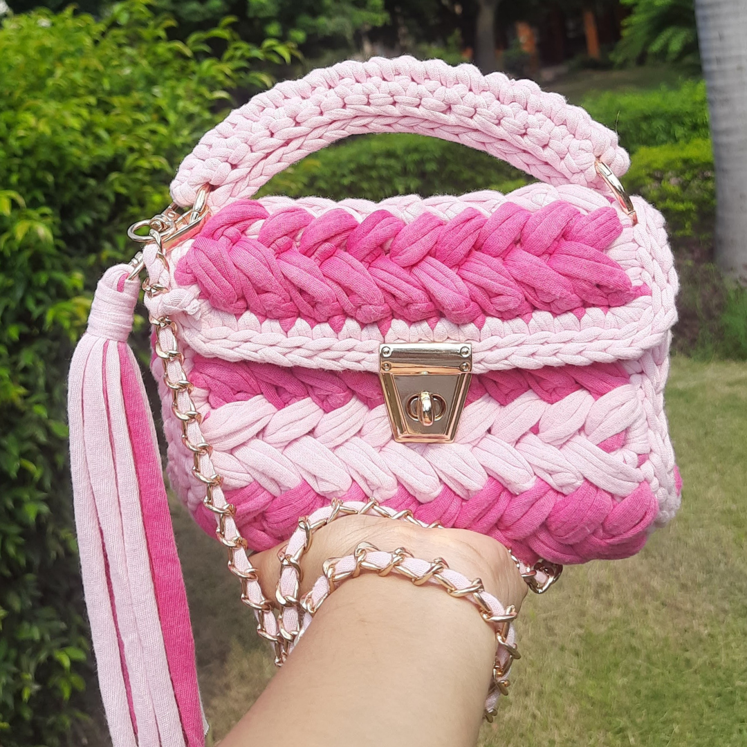 Shiroli Handmade Designer Pink Striped Crochet Bag- Image 1