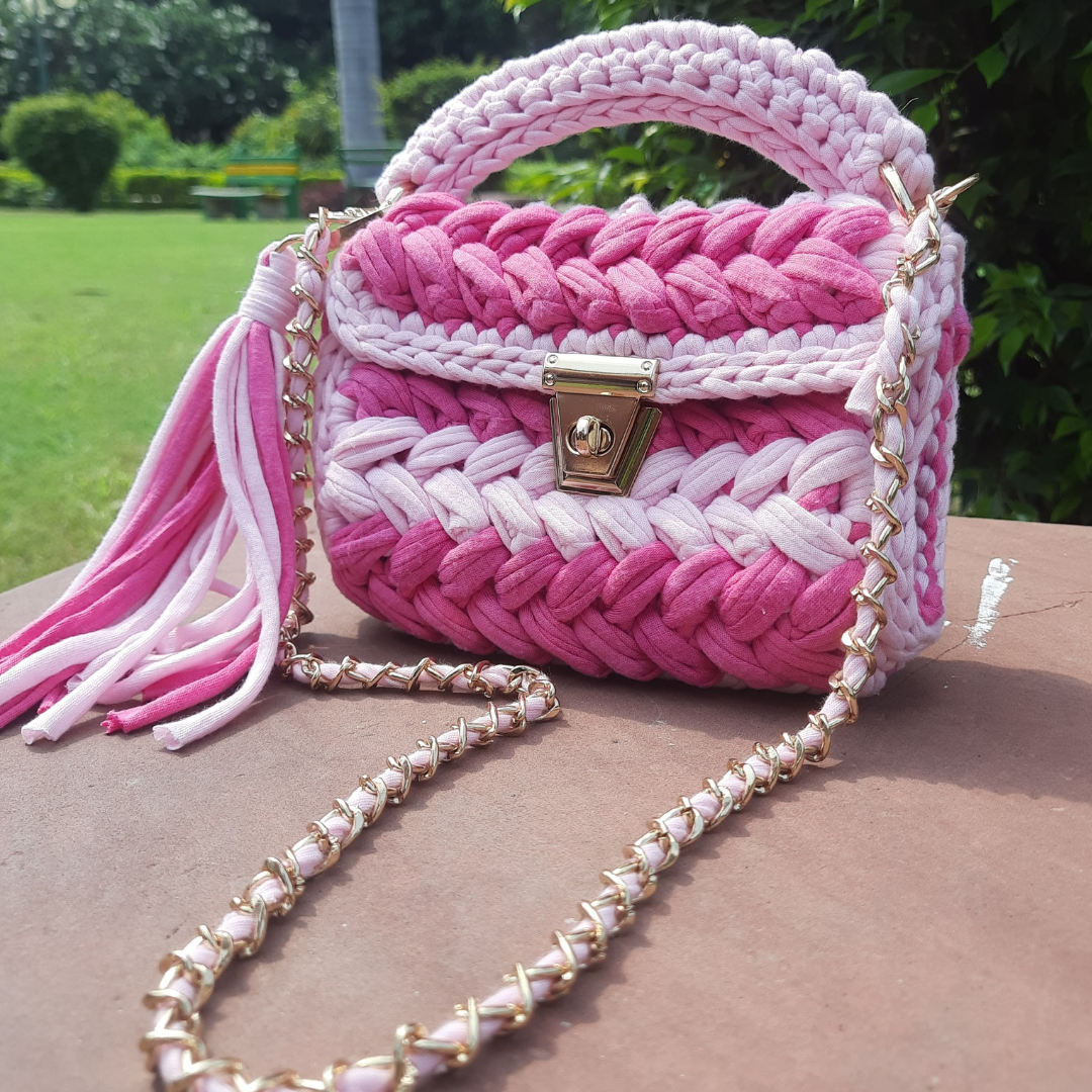 Shiroli Handmade Designer Pink Striped Crochet Bag- Image 33