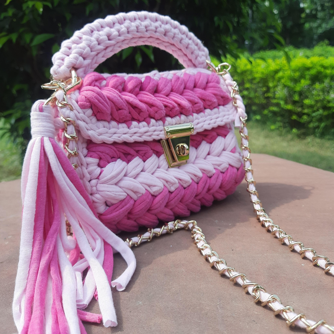 Shiroli Handmade Designer Pink Striped Crochet Bag- Image 4