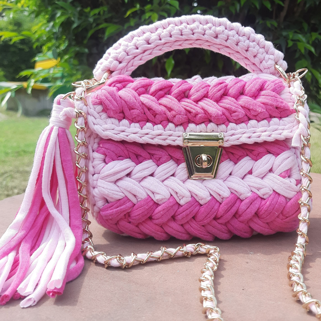 Shiroli Handmade Designer Pink Striped Crochet Bag- Image 5