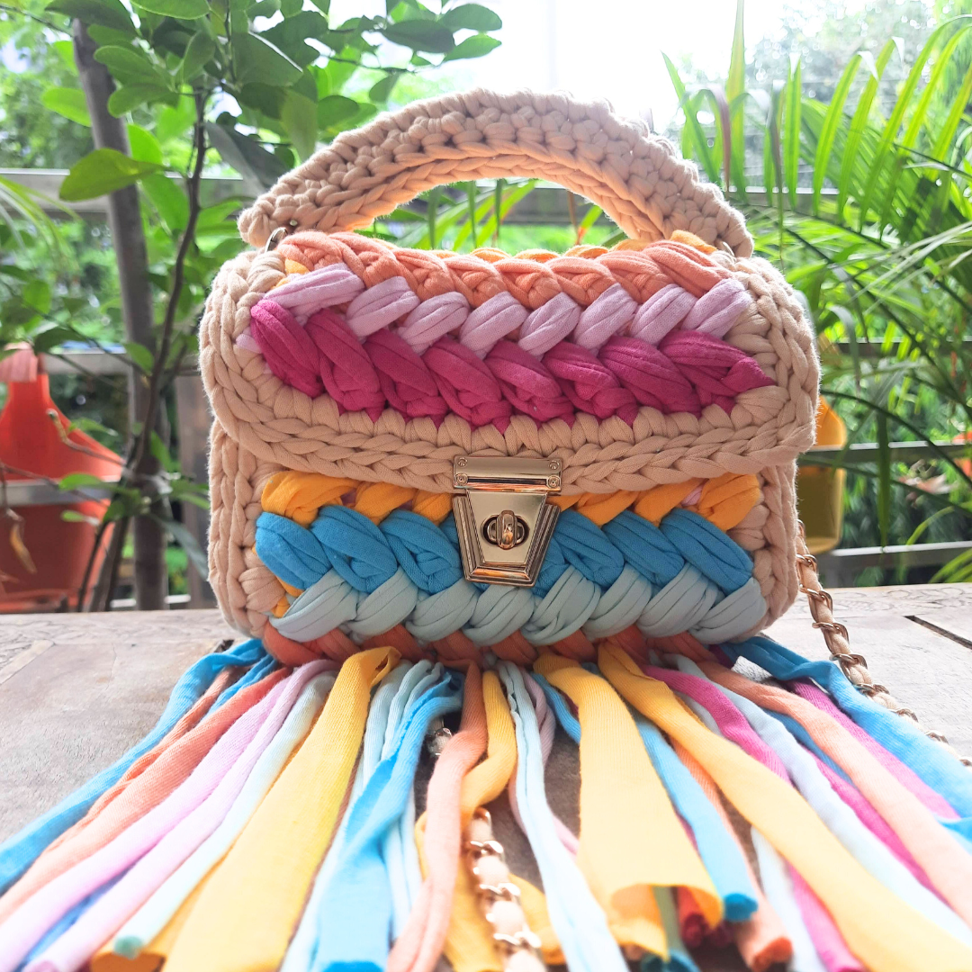 Shiroli Handmade Designer Vibrant Crochet Bag With Frills - Image 1