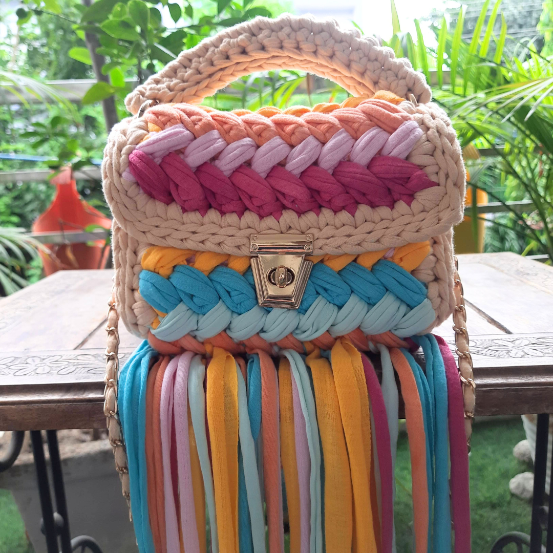 Shiroli Handmade Designer Vibrant Crochet Bag With Frills - Image 2