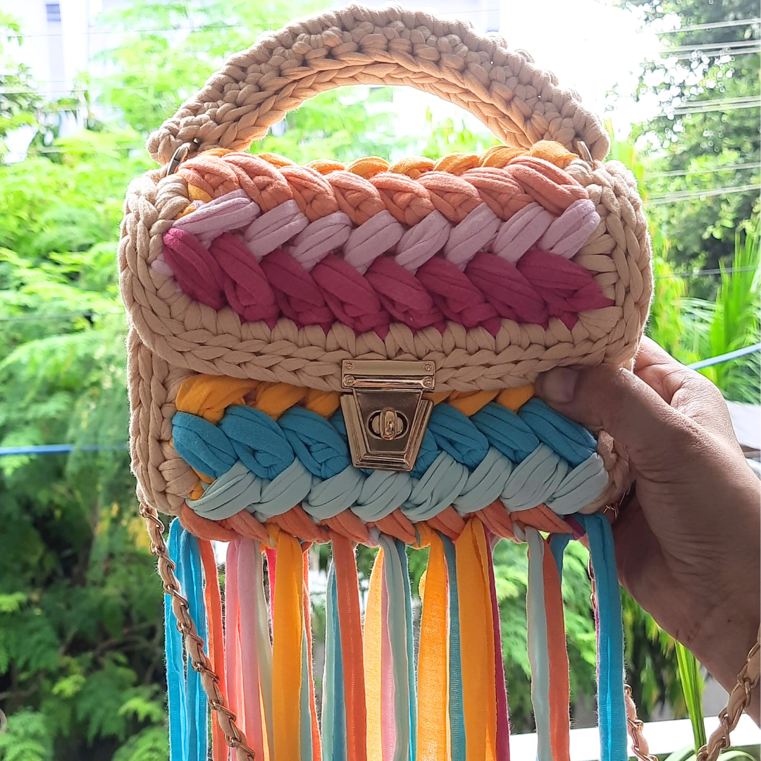 Shiroli Handmade Designer Vibrant Crochet Bag With Frills - Image 3