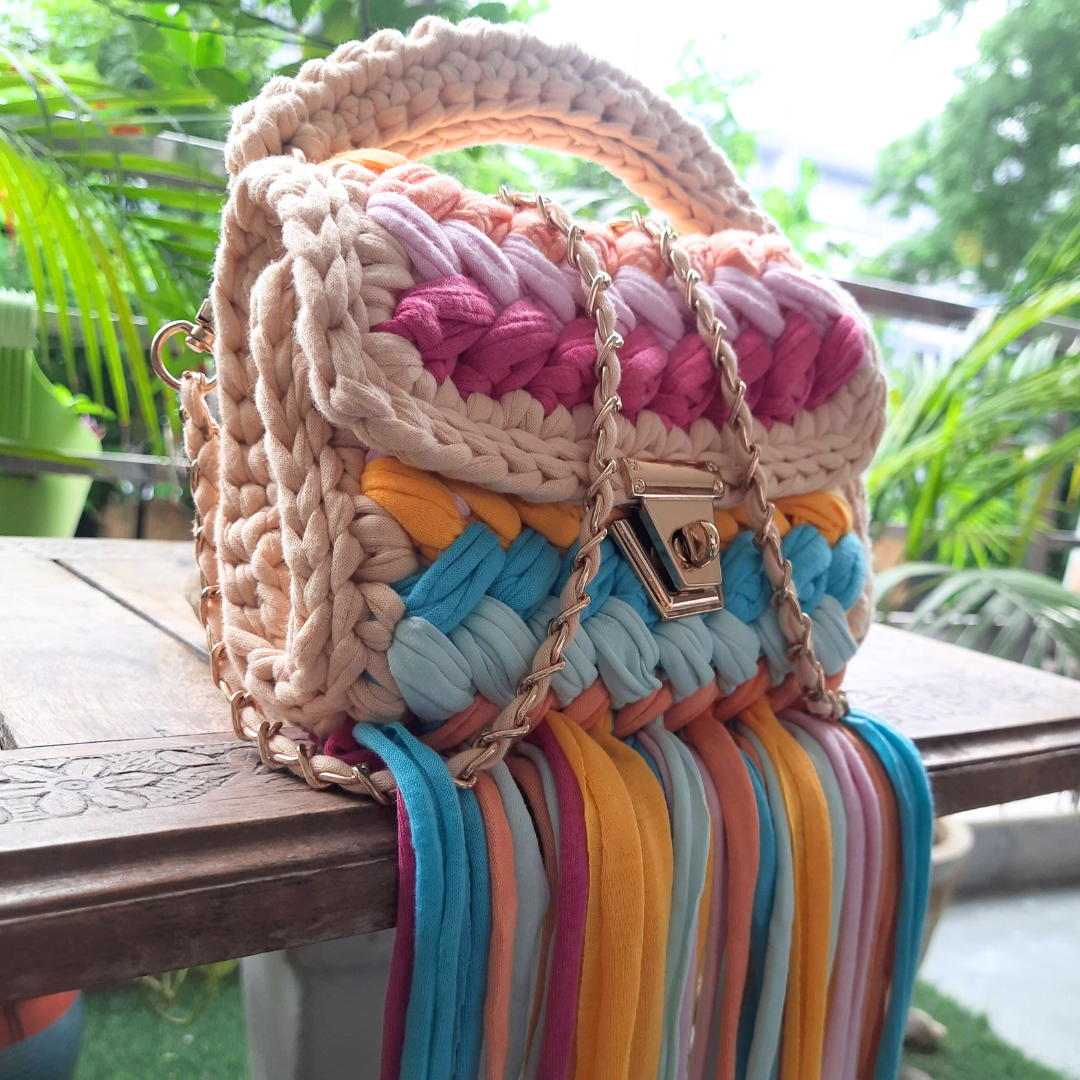 Shiroli Handmade Designer Vibrant Crochet Bag With Frills - Image 5