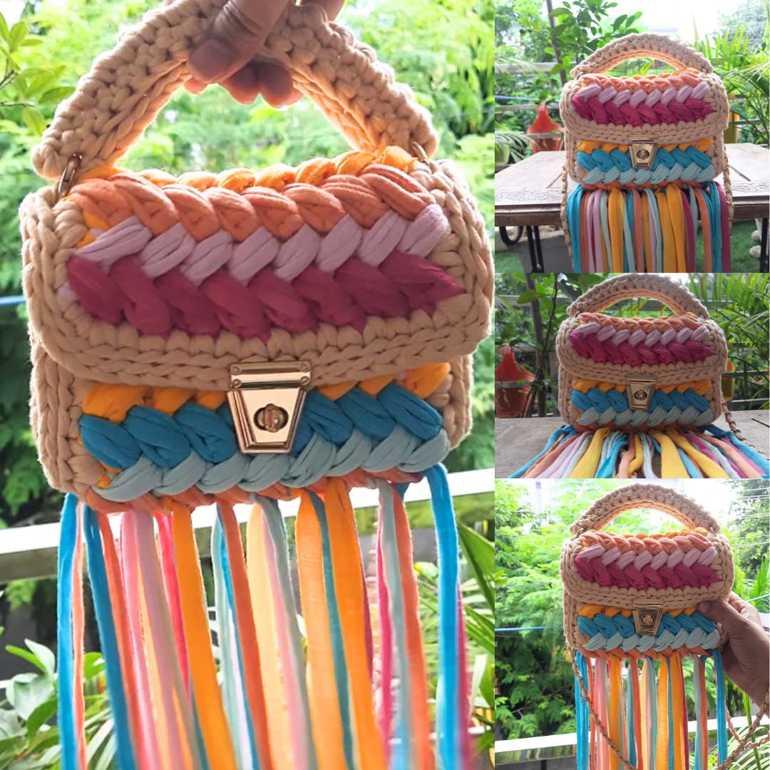 Shiroli Handmade Designer Vibrant Crochet Bag With Frills - Image 6