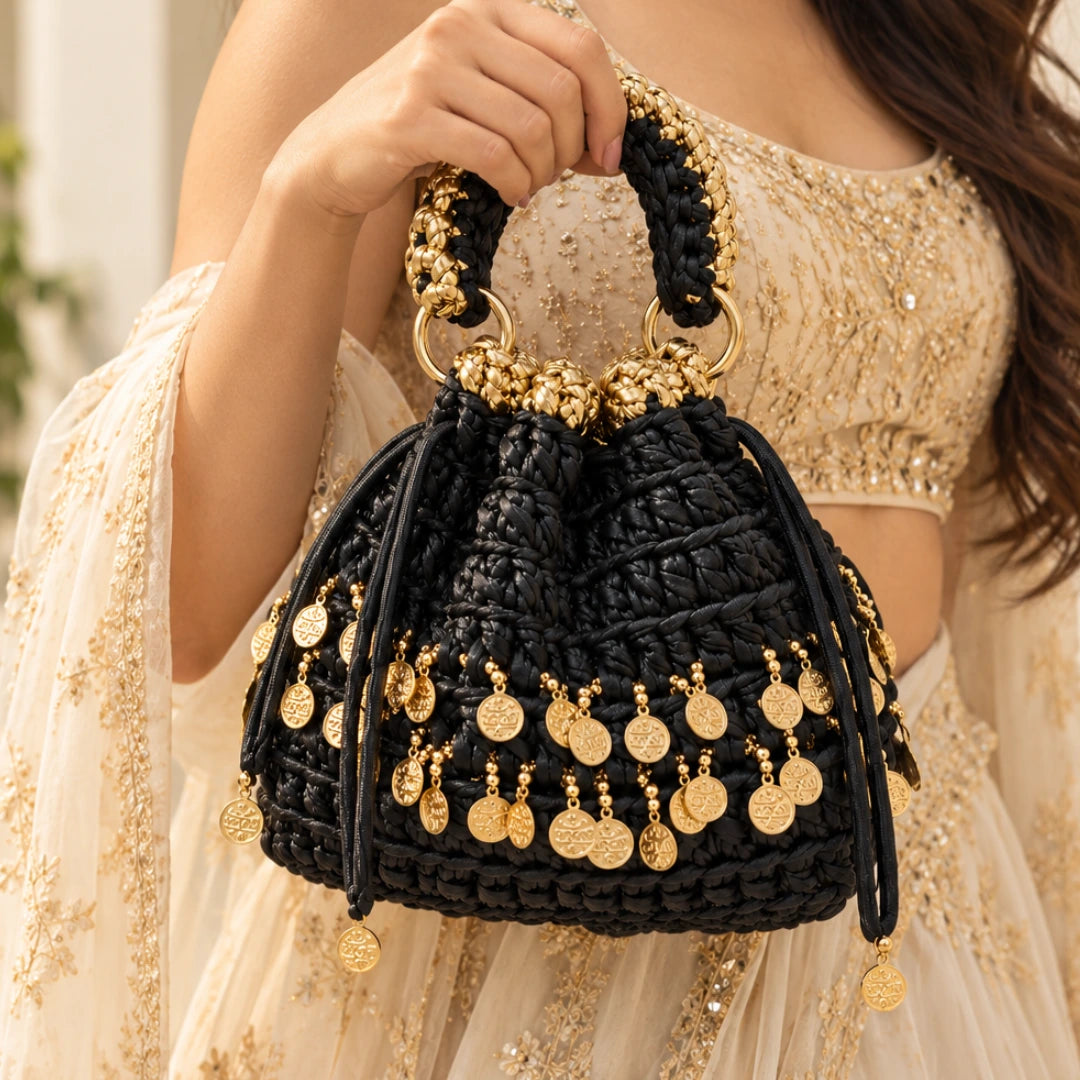 Shiroli Handmade Metallic Black  - Ginni Potli Bag - Image 1