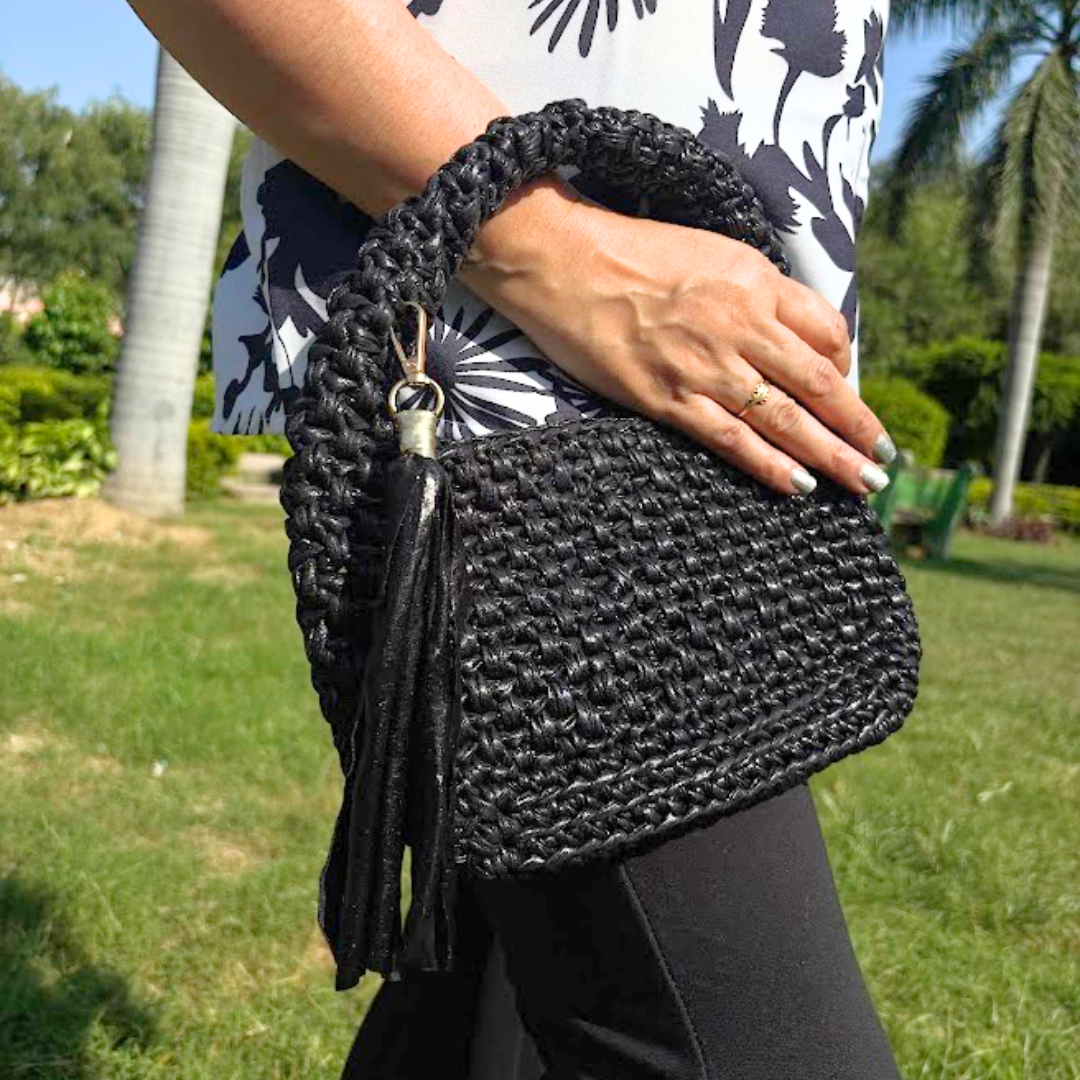 Shiroli Handmade Metallic Black - Top Handle Elite Crochet Bag - Image 1