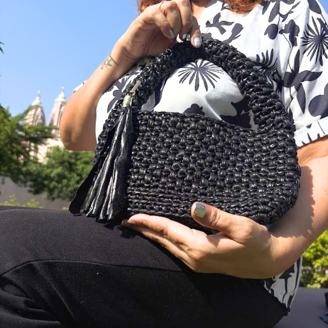 Shiroli Handmade Metallic Black - Top Handle Elite Crochet Bag - Image 2