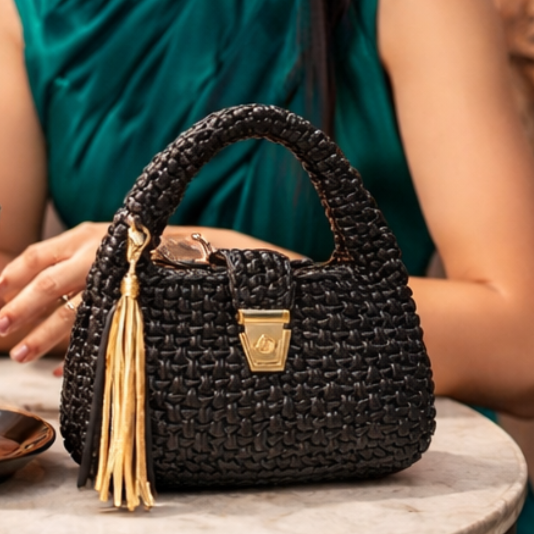 Shiroli Handmade Metallic Black - Top Handle Satchel Crochet Bag - Image 3