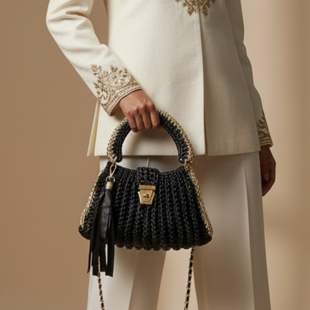 Shiroli Handmade Metallic Black Gold - Trapezoid Crochet Bag With Golden Lock- Image 1