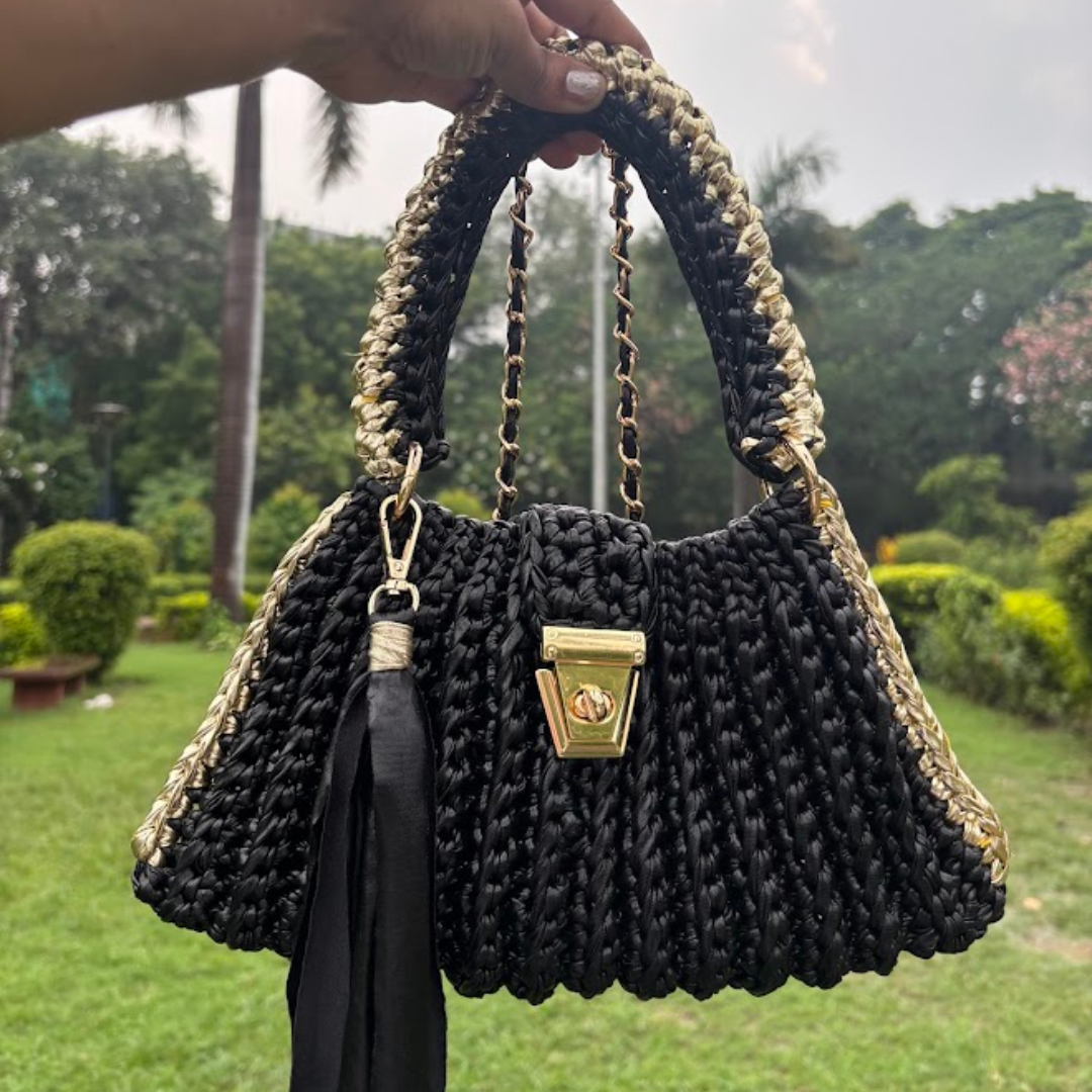 Shiroli Handmade Metallic Black Gold - Trapezoid Crochet Bag With Golden Lock- Image 3