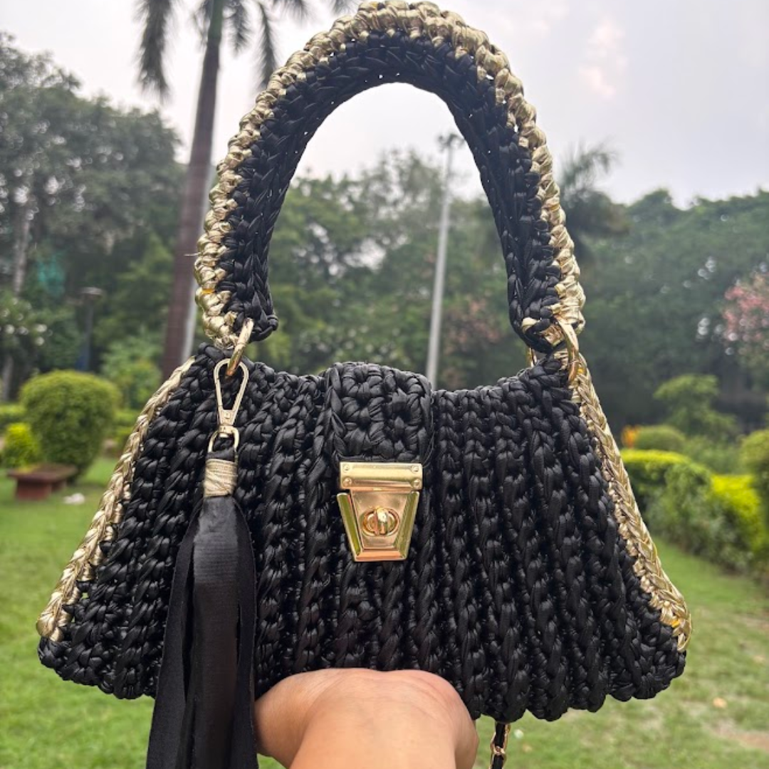 Shiroli Handmade Metallic Black Gold - Trapezoid Crochet Bag With Golden Lock- Image 4
