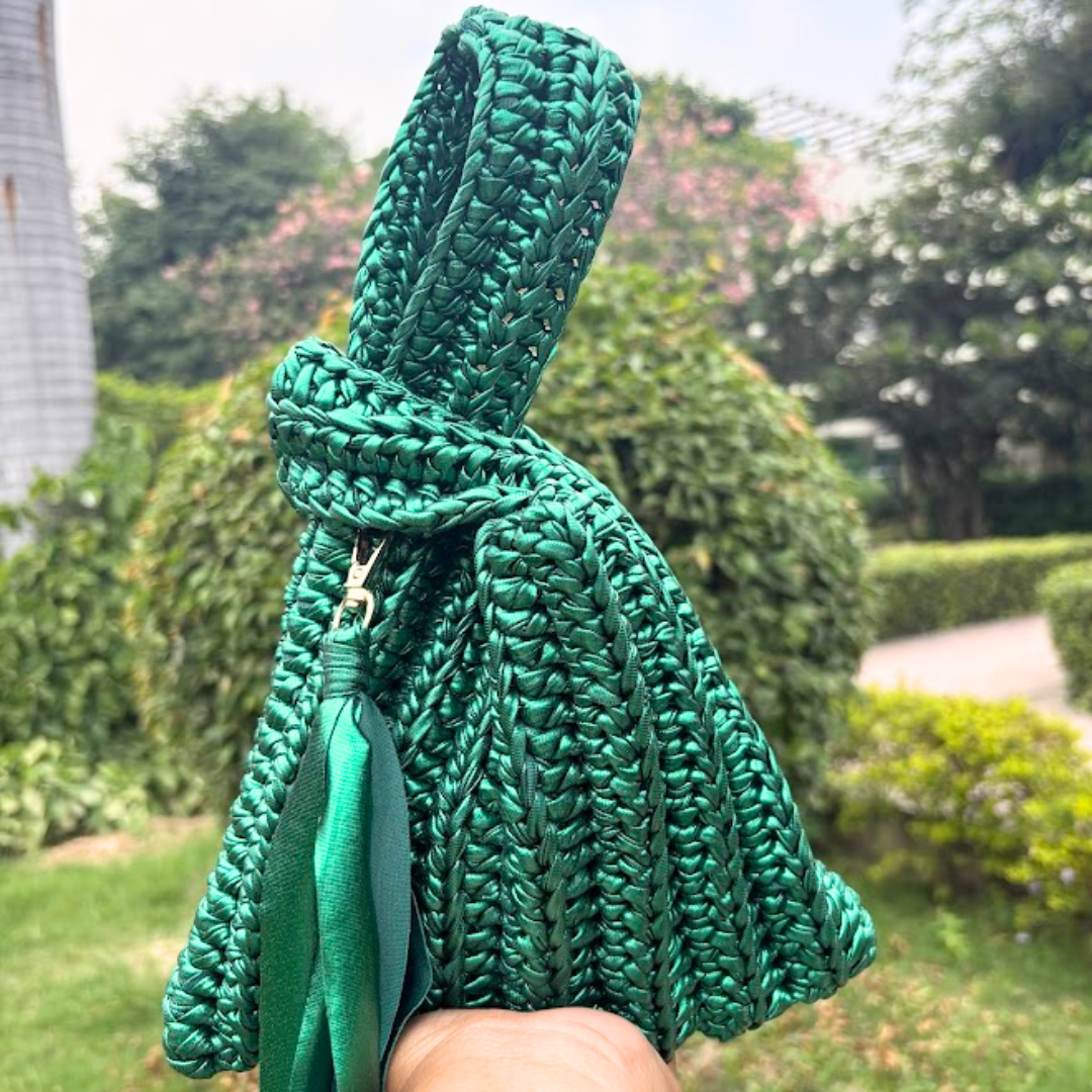 Shiroli Handmade Metallic Emerald Green - Japanese Knot Crochet Bag - Image 2