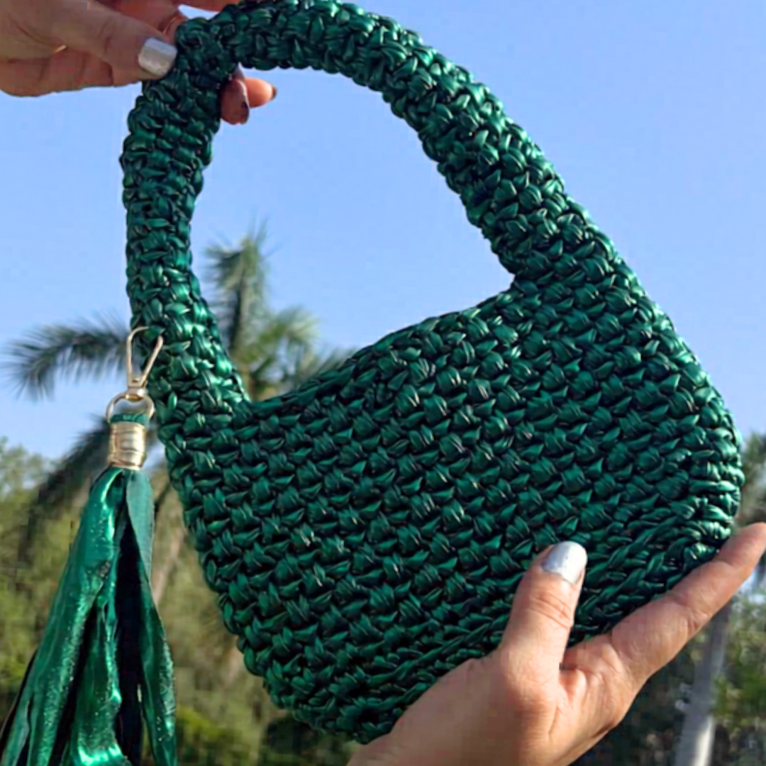 Shiroli Handmade Metallic Emerald Green - Top Handle Elite Crochet Bag- Image 3