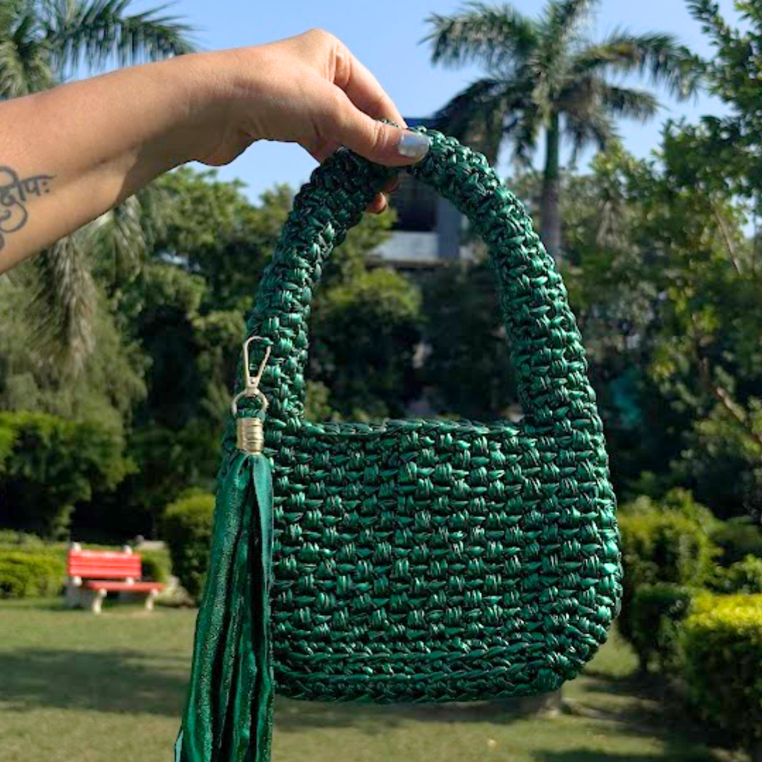 Shiroli Handmade Metallic Emerald Green - Top Handle Elite Crochet Bag- Image 4