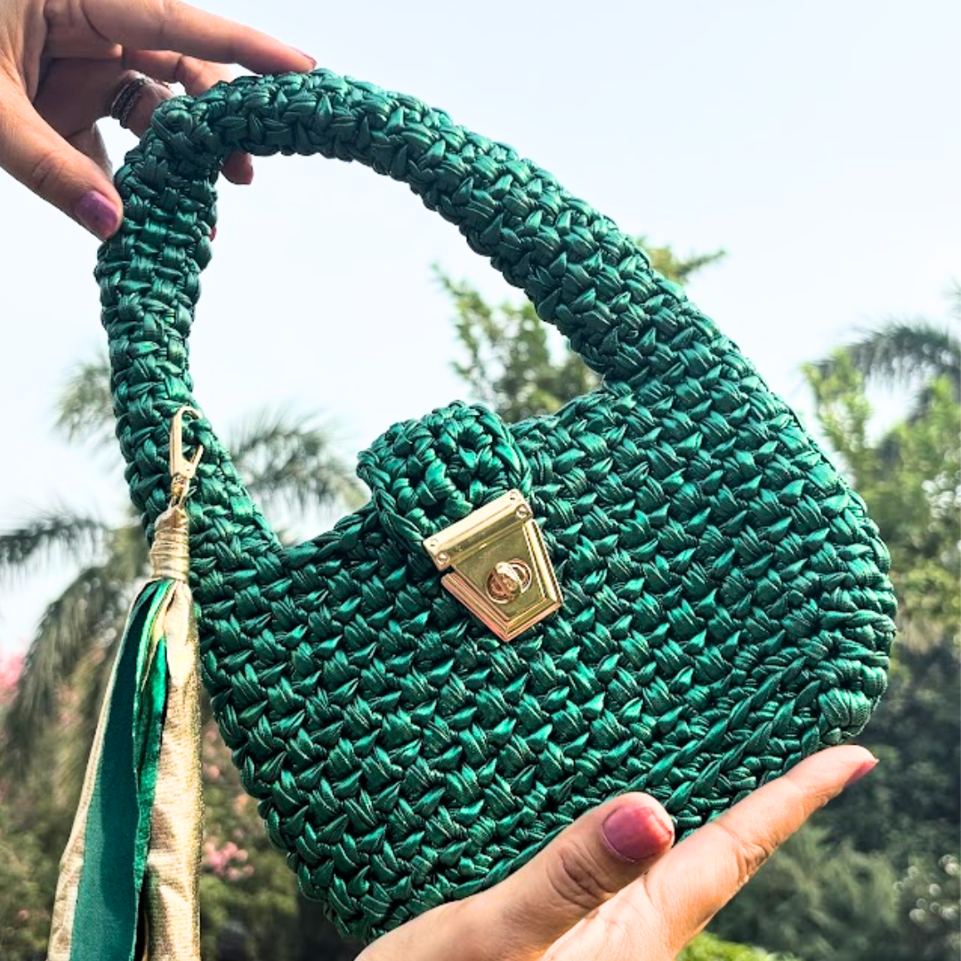 Shiroli Handmade Metallic Emerald Green - Top Handle Satchel Crochet Bag- Image 2