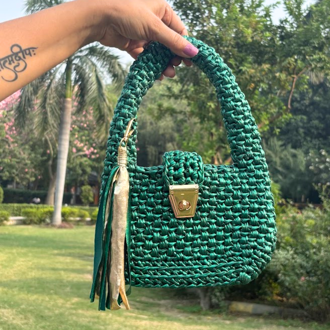 Shiroli Handmade Metallic Emerald Green - Top Handle Satchel Crochet Bag- Image 1
