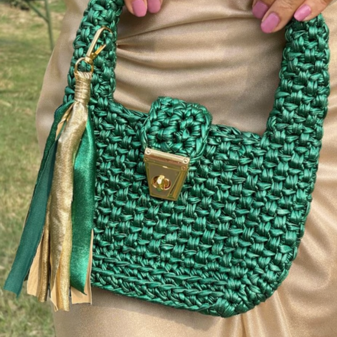 Shiroli Handmade Metallic Emerald Green - Top Handle Satchel Crochet Bag- Image 3