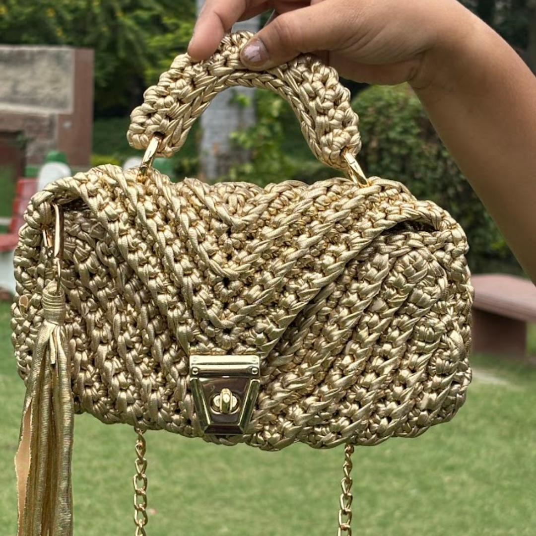 Shiroli Handmade Metallic Gold - Braided  Crochet Bag - Image 4