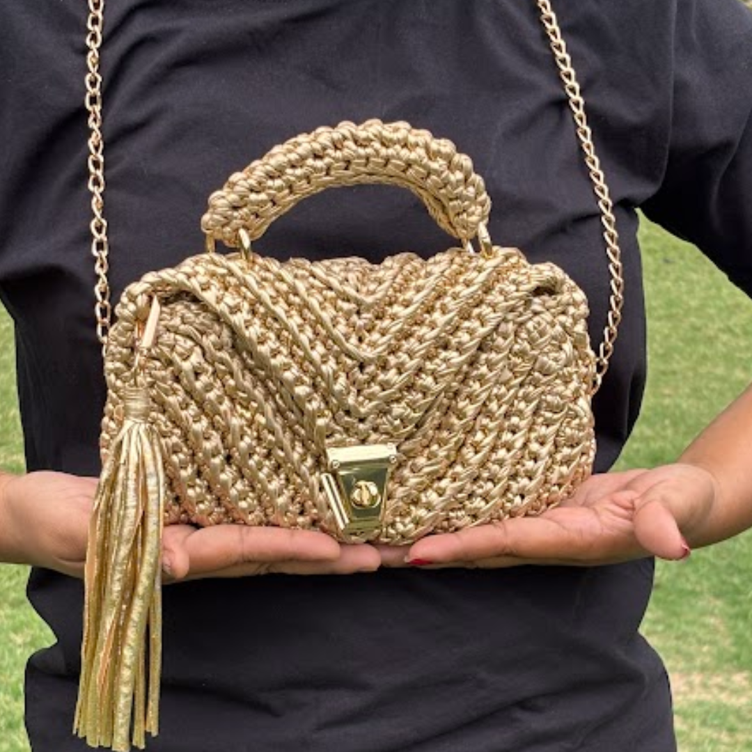 Shiroli Handmade Metallic Gold - Braided  Crochet Bag - Image 1