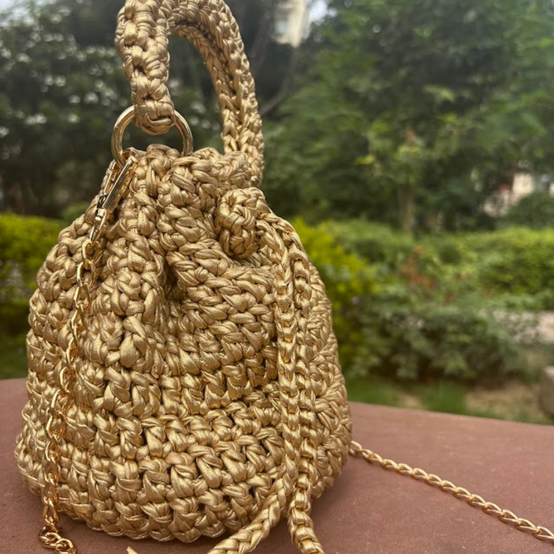 Shiroli Handmade Metallic Gold - Crochet Potli Bag- Image 2