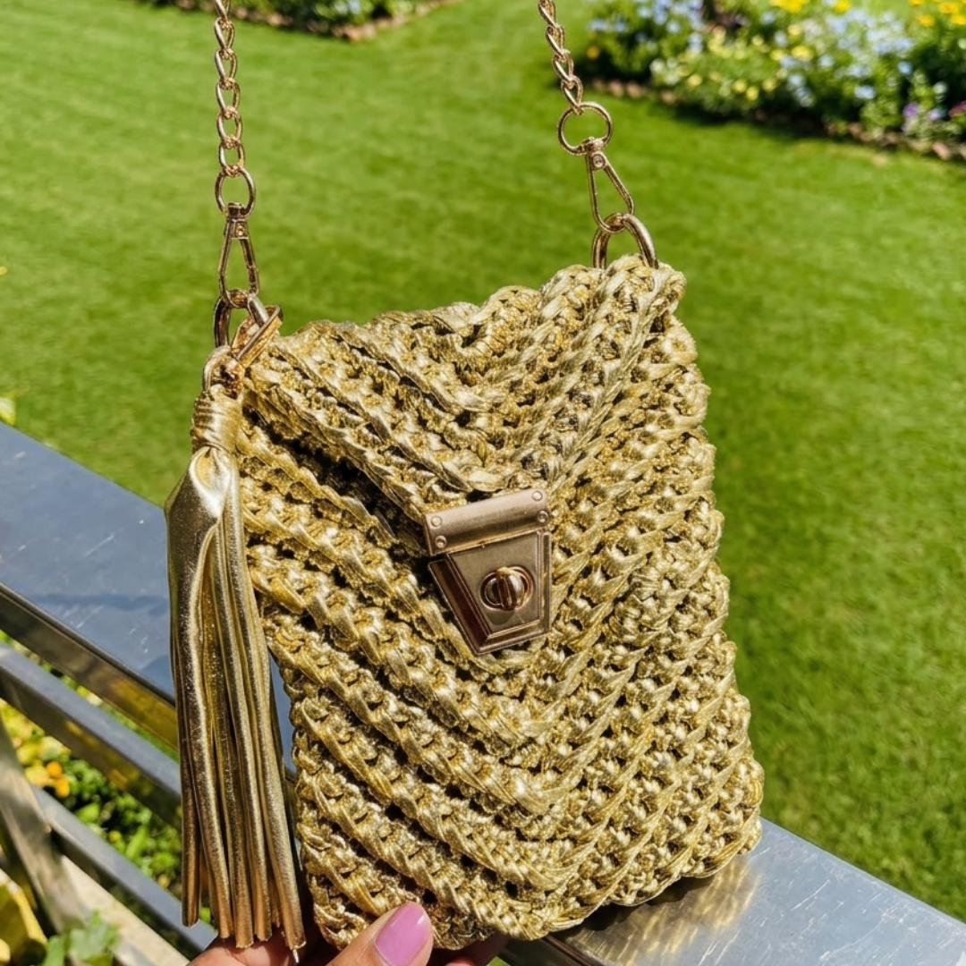Shiroli Handmade Metallic Gold  - Mobile Sling Crochet Bag - Image 5