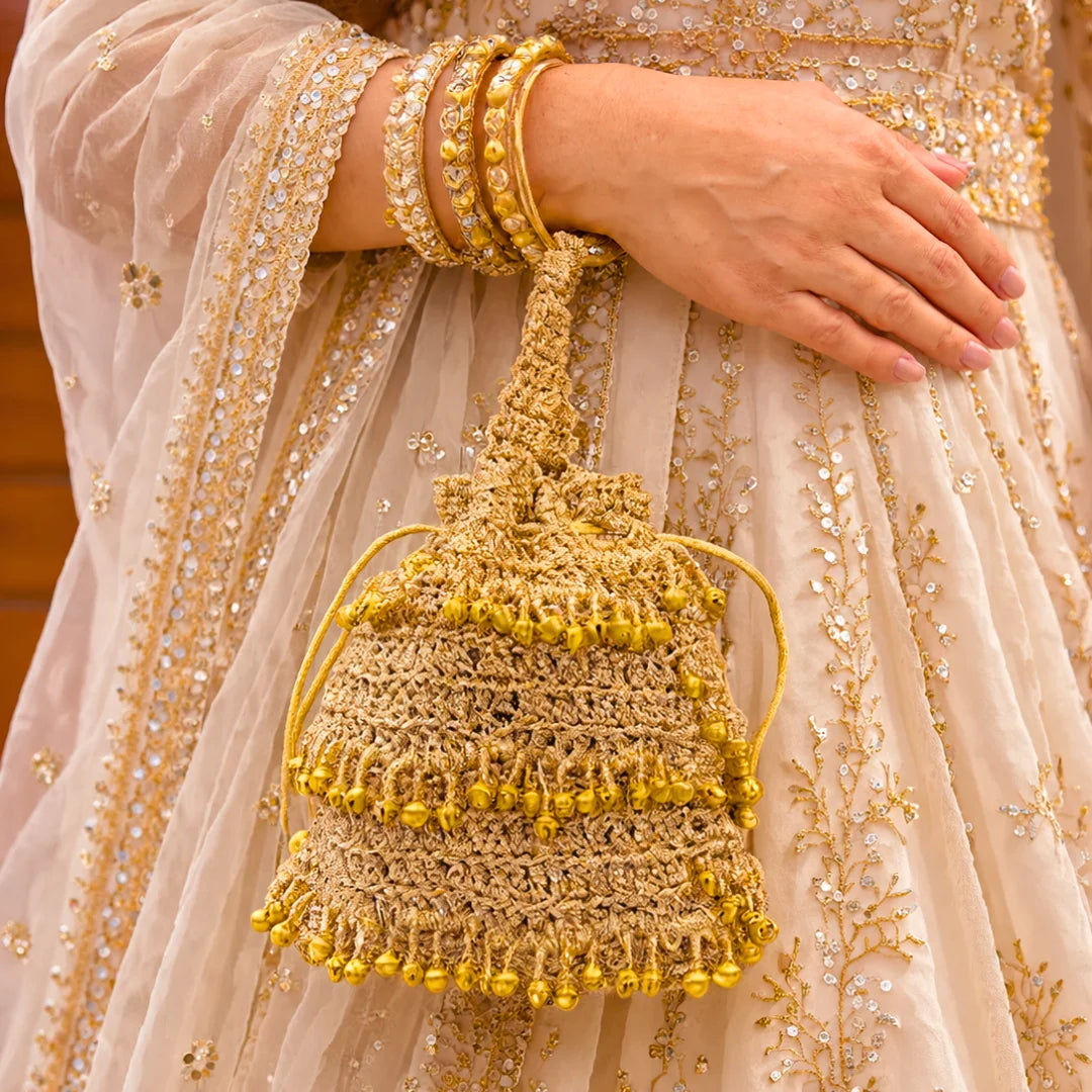 Shiroli Handmade Metallic Gold - Noor Ghungroo Potli Crochet Bag - Image 5