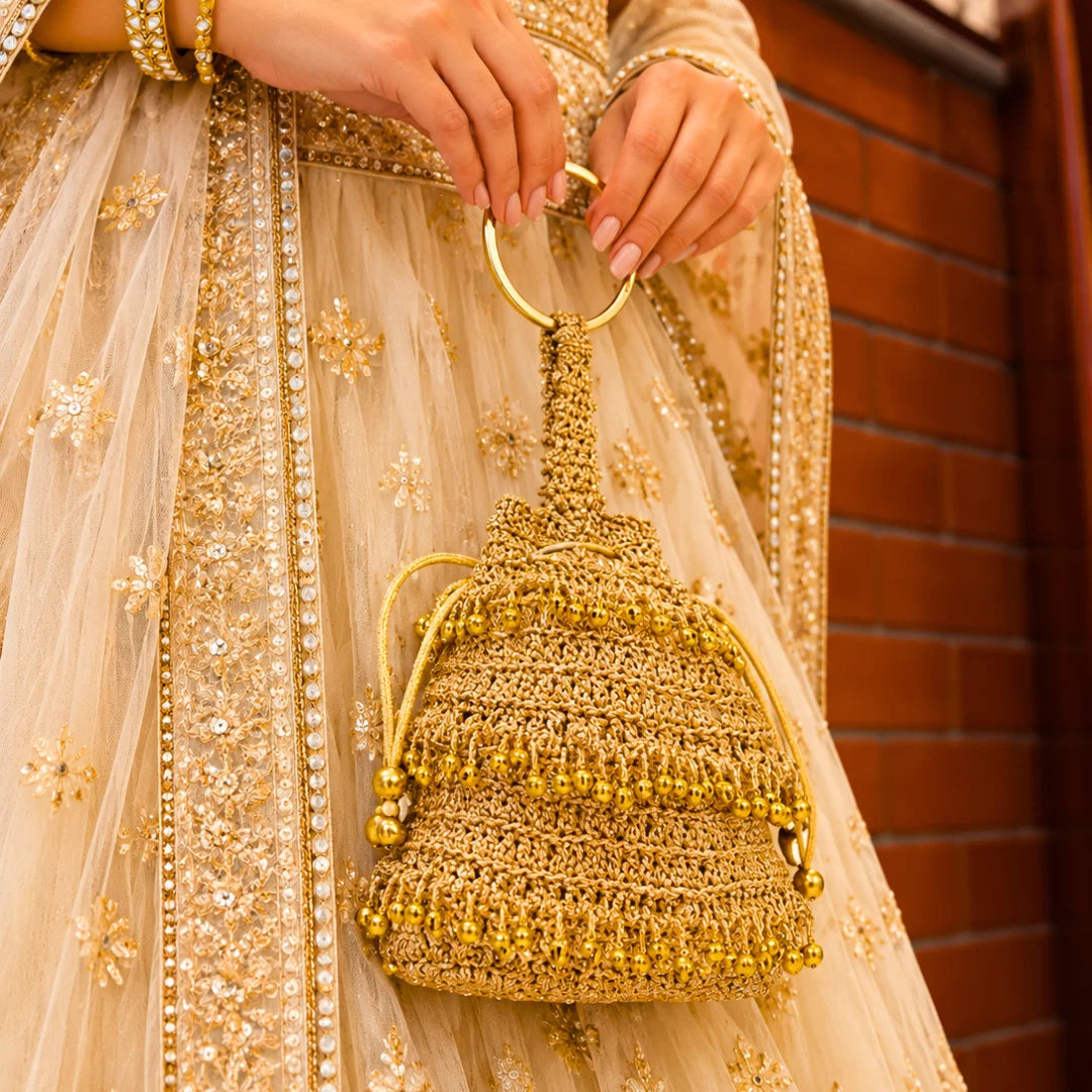 Shiroli Handmade Metallic Gold - Noor Ghungroo Potli Crochet Bag - Image 1