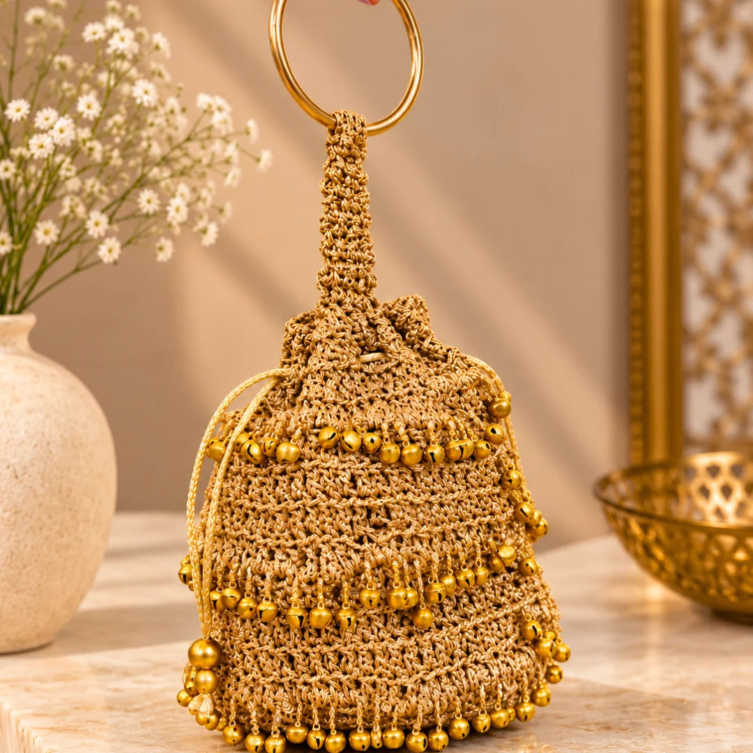 Shiroli Handmade Metallic Gold - Noor Ghungroo Potli Crochet Bag - Image 2