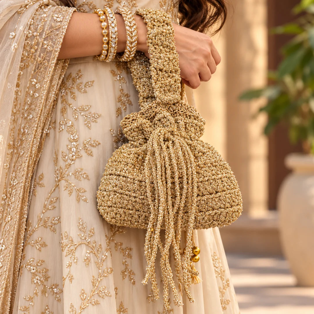 Shiroli Handmade Metallic Gold - Shimmer Potli Crochet Bag - Image 2